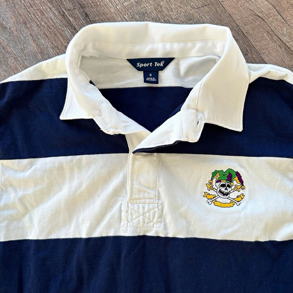 Sport-Tek Men's Polo Shirt Size S Long Sleeve Navy/White Striped Rugby Skull